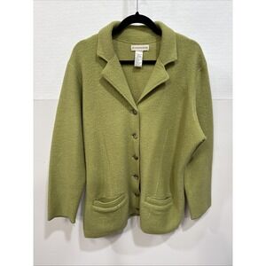 Evan-Picone Olive Green 100% Wool Button Front Cardigan Blazer Sweater